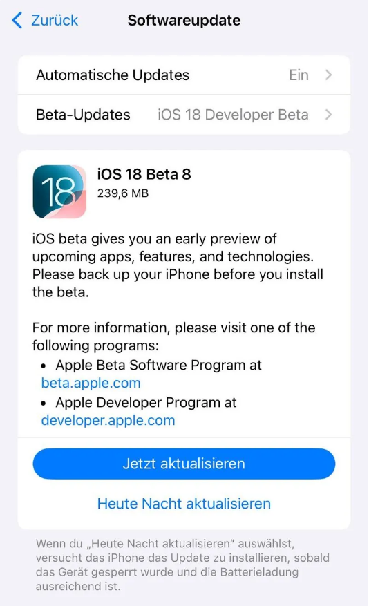 三家镇苹果手机维修分享苹果 iOS / iPadOS 18 开发者预览版 Beta 8 发布 